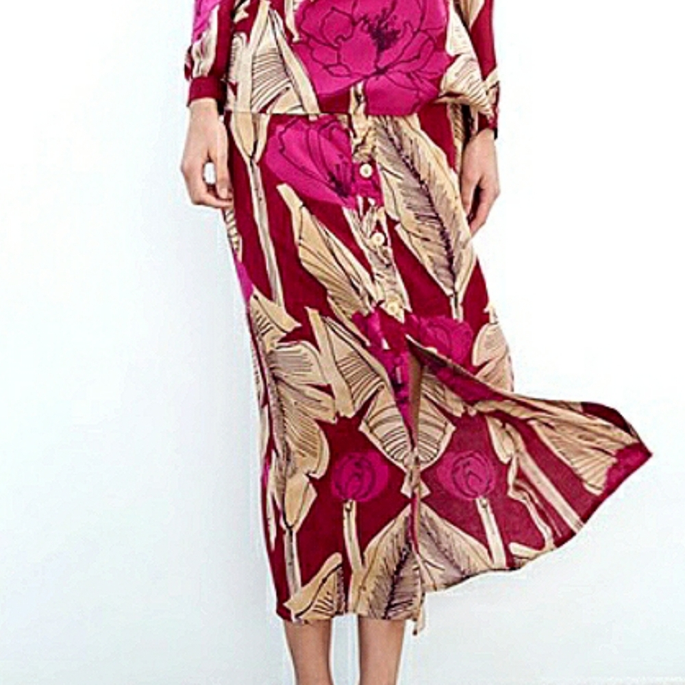 ZARA High‑Rise Button‑Front Floral Midi Skirt Pink Red Tan Tropical Viscose MED